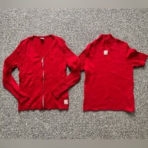Courreges Red Ribbed Knit Cardigan Sweater Top Set 40